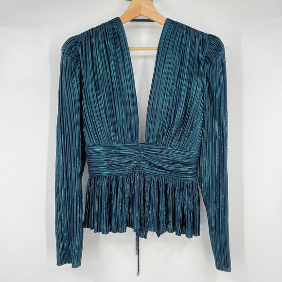 Sabina Musayev | Maxim Top Dark Ocean Metallic Pleated V-Neck Peplum Blouse L - Picture 3 of 11